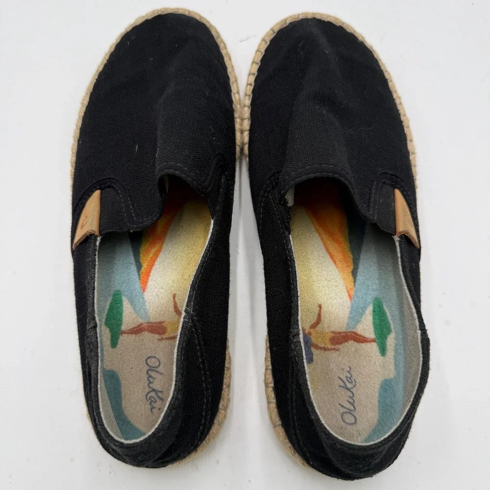 OluKai Espadrilles Kaula Pa'a Kapa Linen Drop-In Heel Black Womens 7.5